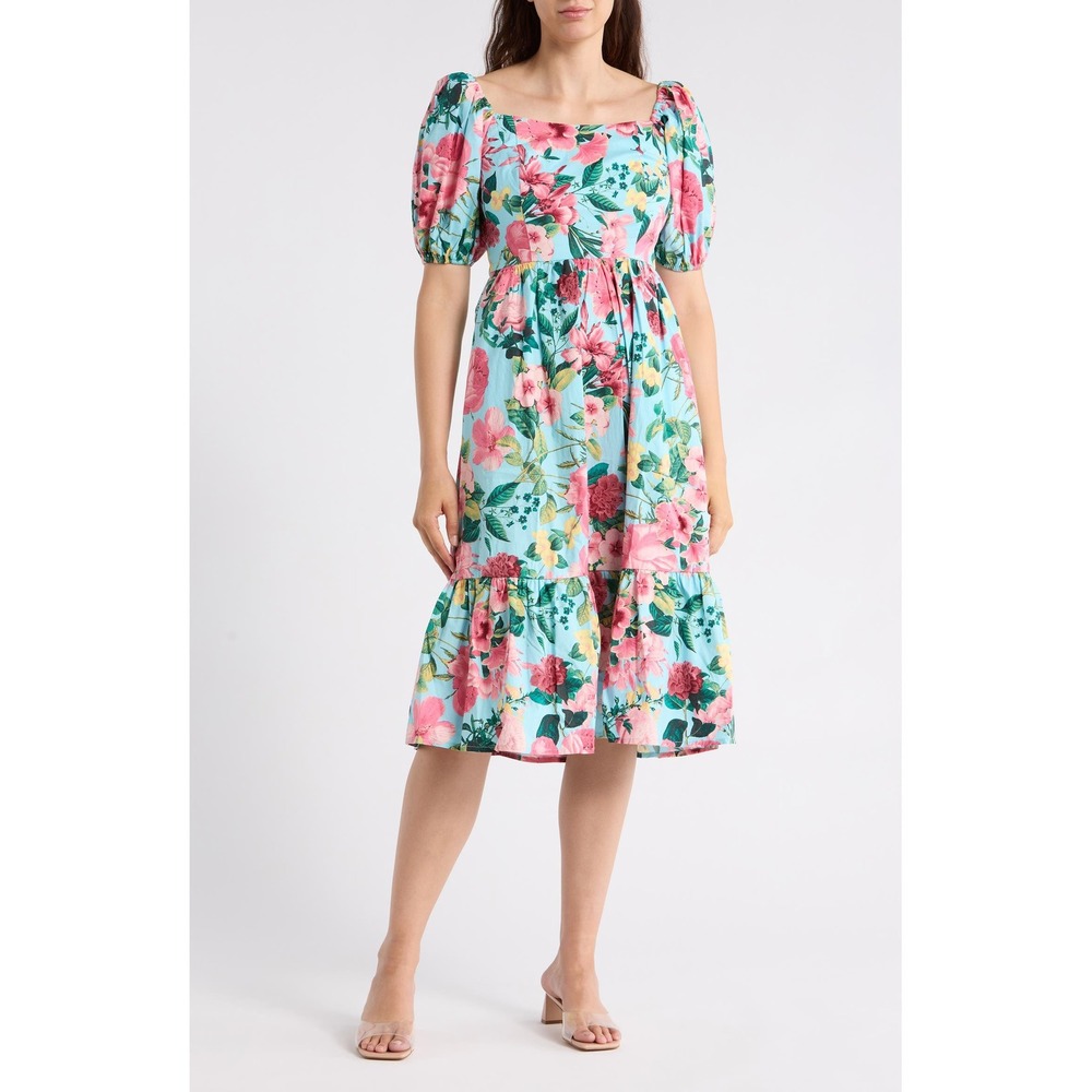 Eliza J Women Aqua Blue Pink Floral Puff Sleeve Tiered Midi Dress Sz 6